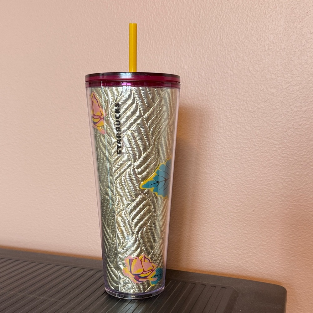 Starbucks Gold Quilted Tumbler with Yellow Straw